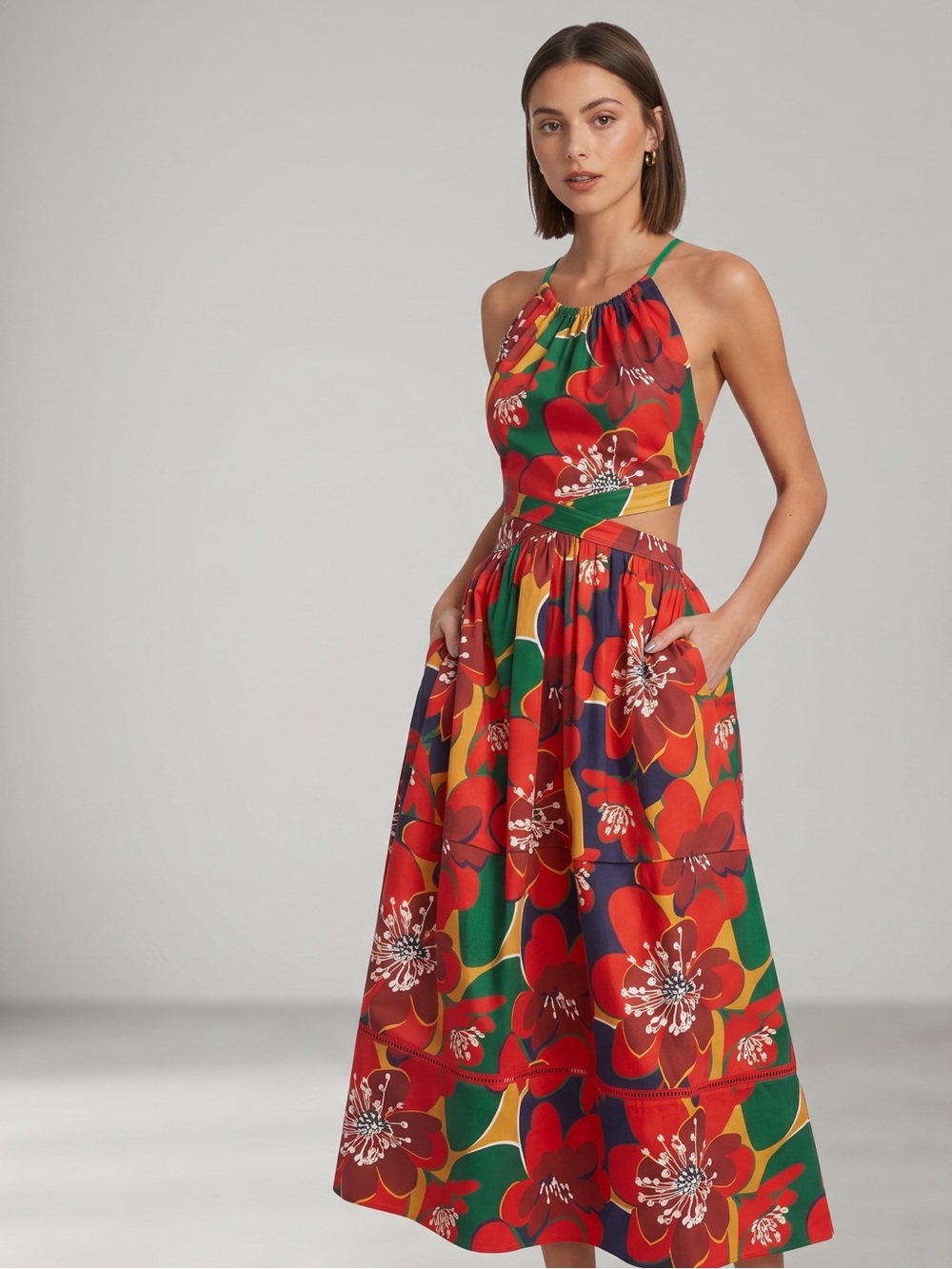 Something Navy Cutout Halter Neck Floral MIDI Dress Style: SWED001984 Red Combo